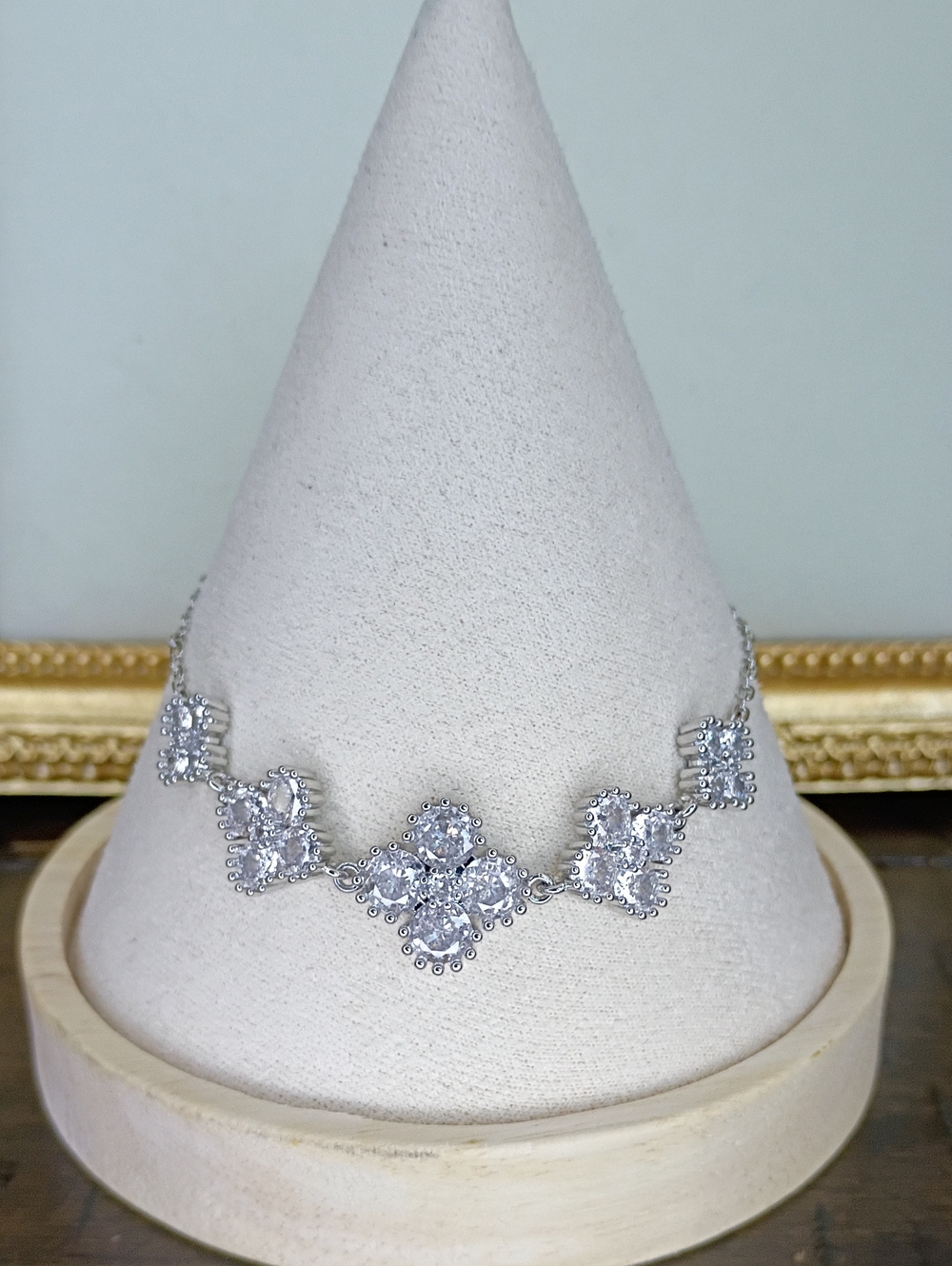 New Silver Tone Crystal Floral Link Necklace - Women Jewelry